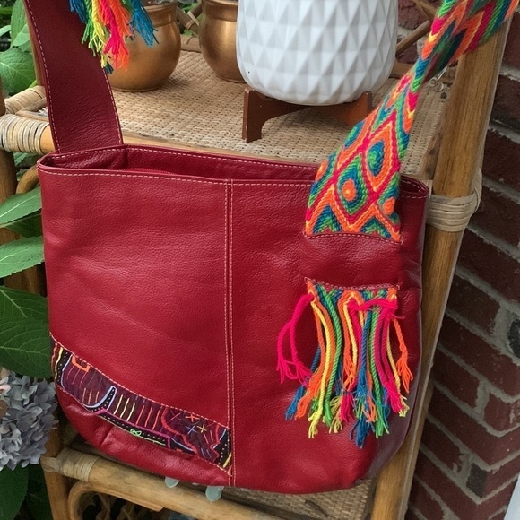 Leather bohemian red crochet red crossbody bag festive unique multicolored - Picture 3 of 16